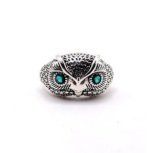 925 Sterling Silver Owl Ring Green CZ Adjustable Band